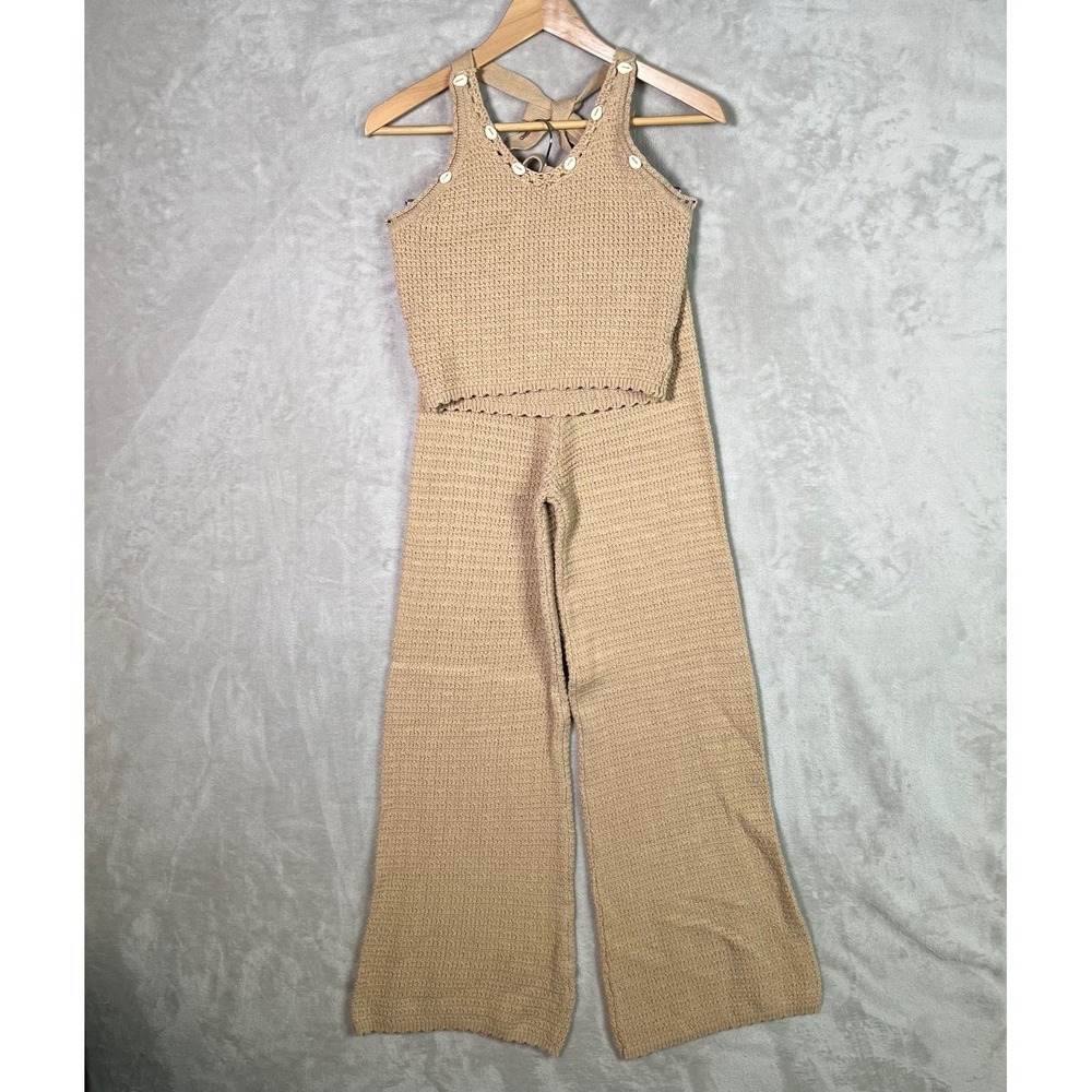 Sincerely Jules Crochet Halter Top &‎ Pants Set Women's Medium Beige Beach